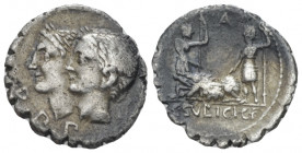 C. Sulpicius C.f. Galba. Denarius serratus circa 106, AR 18.00 mm., 3.71 g.
D·P·P Jugate, laureate heads of Di Penates l. Rev. Two soldiers standing ...