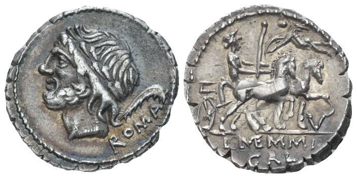 L. Memmius Galeria. Denarius serratus circa 106, AR 18.50 mm., 3.88 g.
Laureate...