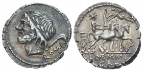 L. Memmius Galeria. Denarius serratus circa 106, AR 18.50 mm., 3.88 g.
Laureate head of Saturn l.; behind, harpa and ROMA. Rev. Venus in biga r., hol...