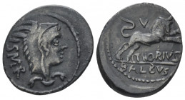 L. Thorius Balbus. Denarius circa 105, AR 20.00 mm., 3.95 g.
Head of Juno Sospita r., wearing goat's skin; behind, I.S·M·R. Rev. Bull butting r.; abo...
