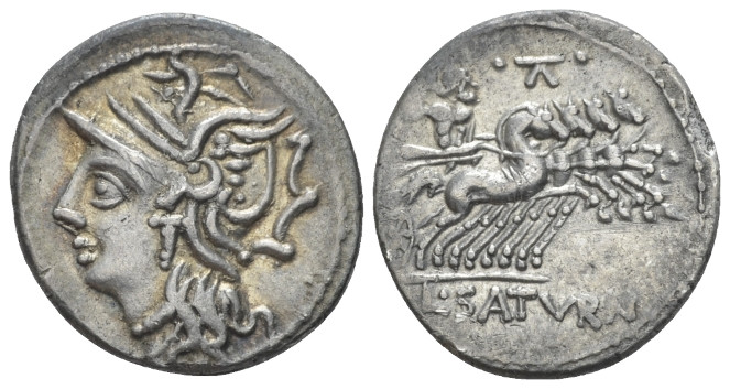 L. Appuleius Saturninus. Denarius circa 104, AR 18.20 mm., 3.83 g.
Helmeted hea...