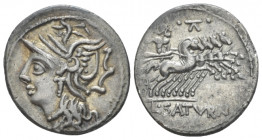 L. Appuleius Saturninus. Denarius circa 104, AR 18.20 mm., 3.83 g.
Helmeted head of Roma l. Rev. Saturn in quadriga r., holding reins and harpa; abov...
