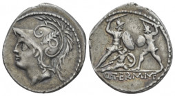 Q. Minucius M. f. Ter. Denarius circa 103, AR 20.00 mm., 3.87 g.
Helmeted head of Mars l. with branch and annulet on bowl. Rev. Roman soldier fightin...