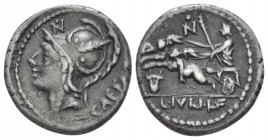 L. Iulius Caesar. Denarius circa 103, AR 16.80 mm., 3.55 g.
Helmeted head of Mars l.; above visor, N and pellet and behind, CAESAR. Rev. Venus in big...
