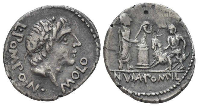 L. Pomponius Molo. Denarius circa 97, AR 18.00 mm., 3.85 g.
L·POM PON·MOLO Laur...