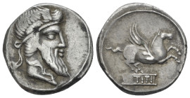 Q. Titius Denarius circa 90, AR 17.50 mm., 2.94 g.
Head of Mutinus Titinus r., wearing winged diadem. Rev. Pegasus prancing r.; below, Q·TITI in line...