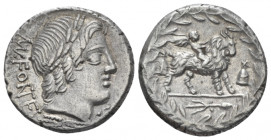 Mn. Fonteius C.f. Denarius Denarius circa 85, AR 18.00 mm., 4.19 g.
Laureate head of Apollo Veiovis r.; below, thunderbolt; behind, MN FONTEI; before...