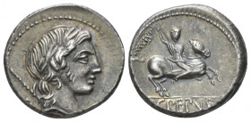 P. Crepusius. Denarius circa 82, AR 17.50 mm., 4.21 g.
Laureate head of Apollo r., sceptre on far shoulder. Rev. Horseman r., brandishing spear; in e...