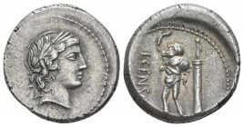L. Marcius Censorinus. Denarius circa 82, AR 17.50 mm., 4.16 g.
Laureate head of Apollo r. Rev. L·CENSOR Marsyas walking l. with r. arm raised and ho...