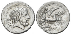 Q. Antonius Balbus. Denarius serratus circa 83-82, AR 19.00 mm., 3.87 g.
Laureate head of Jupiter r.; behind, S·C. Rev. Victory in quadriga r., holdi...