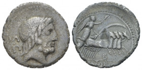 Q. Antonius Balbus. Denarius serratus circa 83-82, AR 19.00 mm., 3.33 g.
Laureate head of Jupiter r.; behind, S·C. Rev. Victory in quadriga r., holdi...
