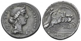 C. Annius. Denarius North-Italy 82-81, AR 20.50 mm., 3.94 g.
C·ANNI·T·F·T·N· PRO·COS·EX·S·C Diademed and draped female bust r.; behind, caduceus, bef...