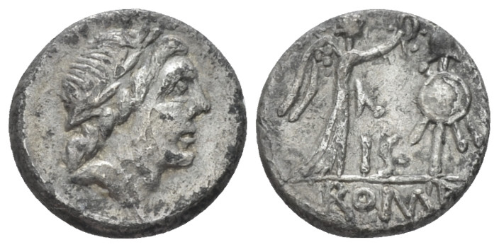 Anonymous. Quinarius circa 81, AR 18.70 mm., 1.78 g.
Laureate head of Apollo r....