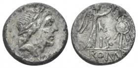 Anonymous. Quinarius circa 81, AR 18.70 mm., 1.78 g.
Laureate head of Apollo r. Rev. Victory standing r., crowning trophy; in between, IS. In exergue...