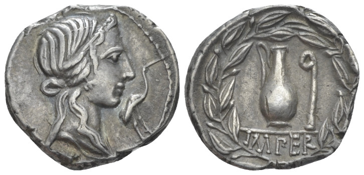 Q. Caecilius Metellus Pius Denarius circa 81, AR 19.00 mm., 3.95 g.
Diademed he...