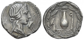 Q. Caecilius Metellus Pius Denarius circa 81, AR 19.00 mm., 3.95 g.
Diademed head of Pietas r.; before, stork. Rev. Jug and lituus; in exergue, IMPER...