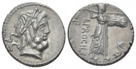 L. Procilius. Denarius circa 80, AR 17.20 mm., 3.83 g.
Laureate head of Jupiter r.; behind, S·C. Rev. L·PROCILI / F Juno Sospita standing r., holding...