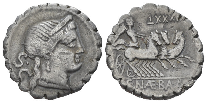 C. Naevius Balbus. Denarius serratus circa 79, AR 18.80 mm., 3.55 g.
Diademed h...