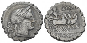 C. Naevius Balbus. Denarius serratus circa 79, AR 18.80 mm., 3.55 g.
Diademed head of Venus r.; behind, S C. Rev. Victory in triga r.; above, numeral...