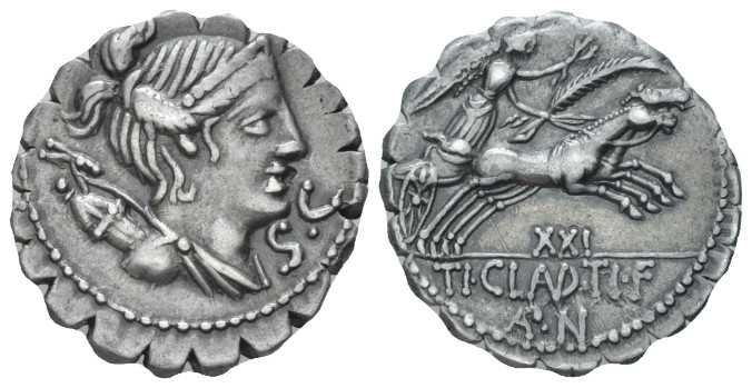 Ti. Claudius Nero. Denarius serratus circa 79, AR 18.50 mm., 4.02 g.
Draped bus...