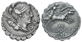 Ti. Claudius Nero. Denarius serratus circa 79, AR 18.50 mm., 4.02 g.
Draped bust of Diana r., with bow and quiver over shoulder; before chin, S.C. Re...