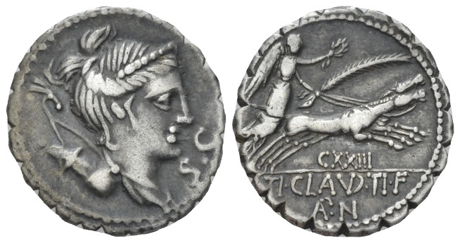 T. Claudius Nero. Denarius serratus circa 79, AR 18.00 mm., 3.88 g.
Draped bust...