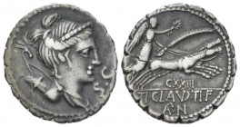 T. Claudius Nero. Denarius serratus circa 79, AR 18.00 mm., 3.88 g.
Draped bust of Diana r., with bow and quiver over shoulder; before chin, S.C. Rev...