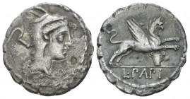L. Papius. Denarius serratus circa 79, AR 18.20 mm., 3.80 g.
Head of Juno Sospita r.; behind, sickle. Rev. Gryphon leaping r.; below, two handled bas...