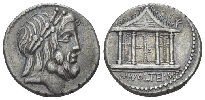 M. Volteius M.f. Denarius circa 78, AR 17.00 mm., 3.85 g.
Laureate head of Jupi...