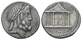 M. Volteius M.f. Denarius circa 78, AR 17.00 mm., 3.85 g.
Laureate head of Jupiter r. Rev. Capitoline temple; in exergue, M·VOLTEI·M·F. Babelon Volte...