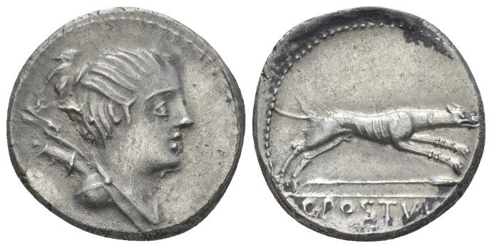 C. Postumius At or Ta Denarius circa 74, AR 18.30 mm., 3.97 g.
Draped bust of D...