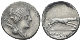 C. Postumius At or Ta Denarius circa 74, AR 18.30 mm., 3.97 g.
Draped bust of Diana r., bow and quiver over shoulder. Rev. Hound running r; below, sp...