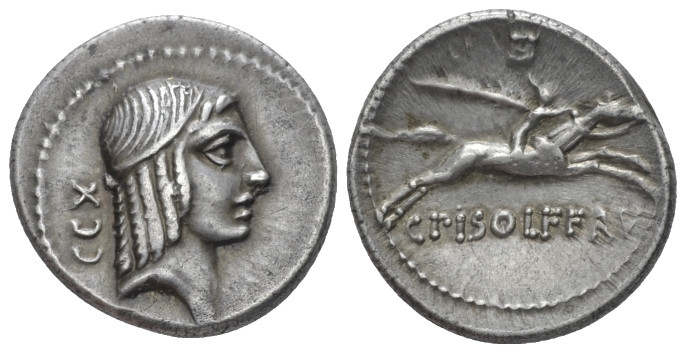 C. Piso L.f. Frugi. Denarius circa 67, AR 18.00 mm., 3.93 g.
Laureate head of A...