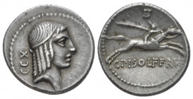 C. Piso L.f. Frugi. Denarius circa 67, AR 18.00 mm., 3.93 g.
Laureate head of Apollo r.; behind, CCX. Rev. Horseman running r., holding branch; above...