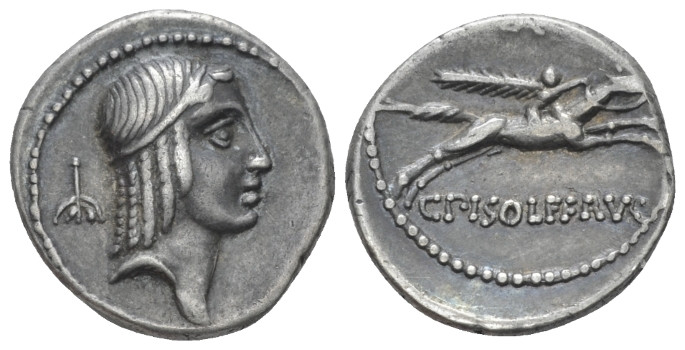 C. Calpurnius L. f. Frugi. Denarius circa 67, AR 17.50 mm., 3.92 g.
Head of Apo...
