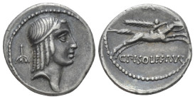C. Calpurnius L. f. Frugi. Denarius circa 67, AR 17.50 mm., 3.92 g.
Head of Apollo r., hair bound with fillet; behind, fractional sign. Rev. Horseman...