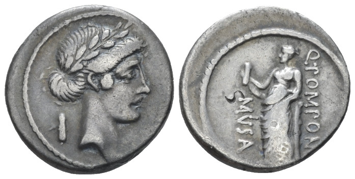 Q. Pomponius Musa Denarius circa 66, AR 18.30 mm., 3.98 g.
Laureate head of Apo...