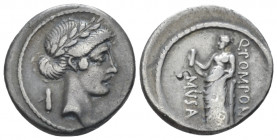 Q. Pomponius Musa Denarius circa 66, AR 18.30 mm., 3.98 g.
Laureate head of Apollo r.; behind, scroll. Rev. Q·POMPONI – MVSA Clio standing l., holdin...