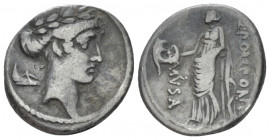Q. Pomponius Musa. Denarius circa 66, AR 16.70 mm., 3.80 g.
Laureate head of Apollo r.; behind, sandal. Rev. Q·POMPONI – MVSA Thalia standing l., hol...