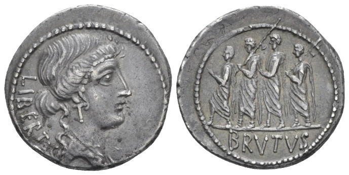 M. Iunius Brutus. Denarius circa 54, AR 19.60 mm., 3.92 g.
LIBERTAS Head of Lib...