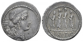 M. Iunius Brutus. Denarius circa 54, AR 19.60 mm., 3.92 g.
LIBERTAS Head of Libertas r. Rev. The consul L. Iunius Brutus walking l. between two lecto...