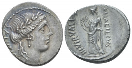 Mn. Acilius Glabrio Denarius circa 49, AR 18.00 mm., 3.59 g.
SALVTIS Laureate head of Salus right. Rev. MN·ACILIVS – III·VIR·VALETV Valetudo standing...