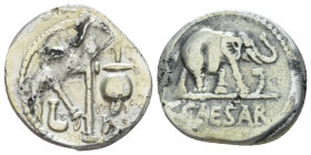 C. Iulius Caesar. Denarius fouree mint moving with Caesar 49-48, AR 18.00 mm., 3.50 g.
Pontifical emblems: culullus, aspergillum, axe and apex. Rev. ...