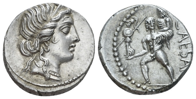 Iulius Caesar. Denarius circa 48-47, AR 17.00 mm., 3.83 g.
Diademed head of Ven...