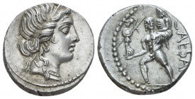Iulius Caesar. Denarius circa 48-47, AR 17.00 mm., 3.83 g.
Diademed head of Venus r. Rev. CAESAR Aeneas advancing l., carrying palladium in r. hand a...