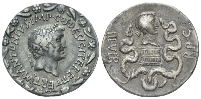 Marcus Antonius. Cistophoric tetradrachm circa 39, AR 26.20 mm., 11.41 g.
M·ANT...