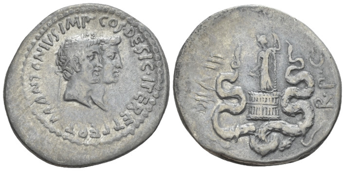 Marcus Antonius and Octavia. Cistophoric tetradrachm circa 39, AR 27.10 mm., 11....