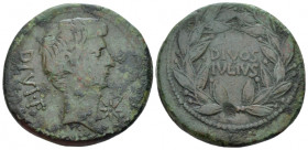 Octavianus. Bronze circa 38, Æ 30.90 mm., 16.43 g.
DIVI·F Bearded head of Octavian r.; below chin, star. Rev. DIVOS / IVLIVS within laurel wreath. B....