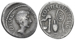 C. Caesar Octavianus. Denarius 37,, AR 18.50 mm., 3.63 g.
IMP·CAESAR· DIVI·F·III·VIR·ITER·R·P·C Bearded head of Octavian r. Rev. COS·ITER·ET·TER· DES...