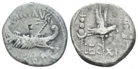 Marcus Antonius. Denarius mint moving with M. Antonius 32-31, AR 16.50 mm., 2.56 g.
ANT AVG – III·VIR·R·P·C Galley r., with sceptre tied with fillet ...
